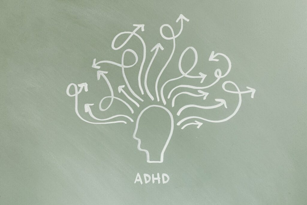 Abstract representation of ADHD with arrows symbolizing scattered thoughts.